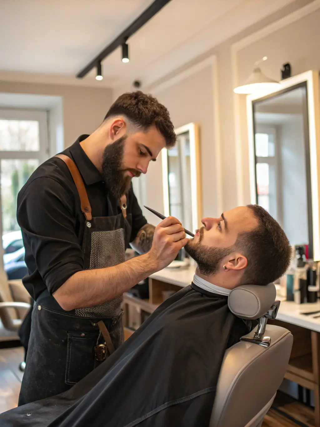A barber applying shaving cream to a client's face before a shave, highlighting the traditional and luxurious aspect of the service.