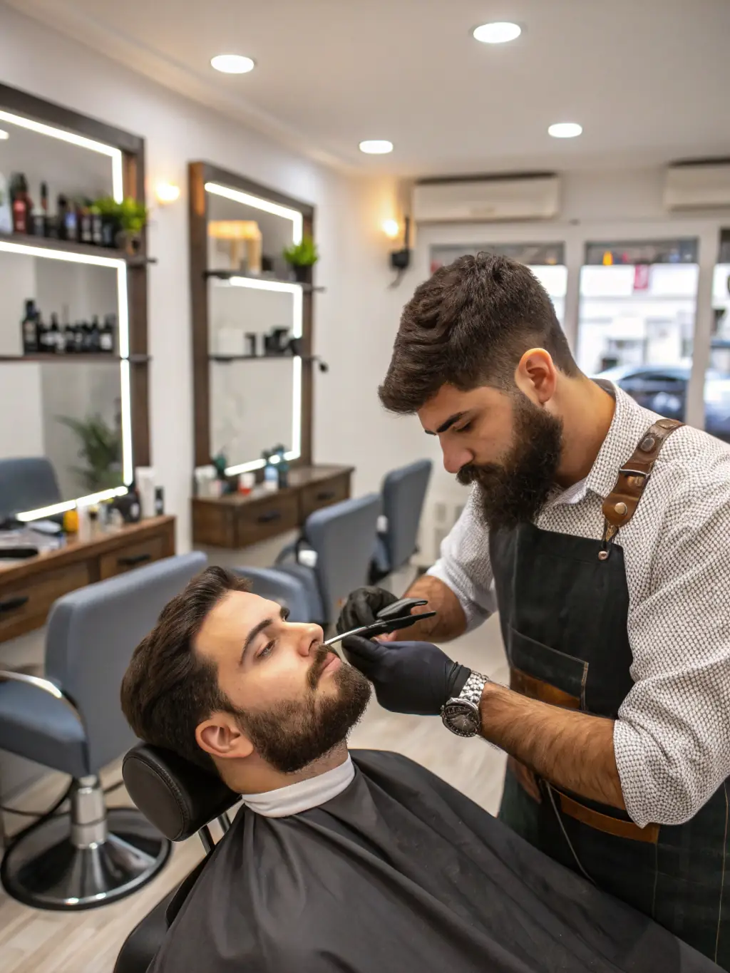 A barber carefully trimming a client's beard with professional tools, showcasing precision and attention to detail in a modern barbershop setting.