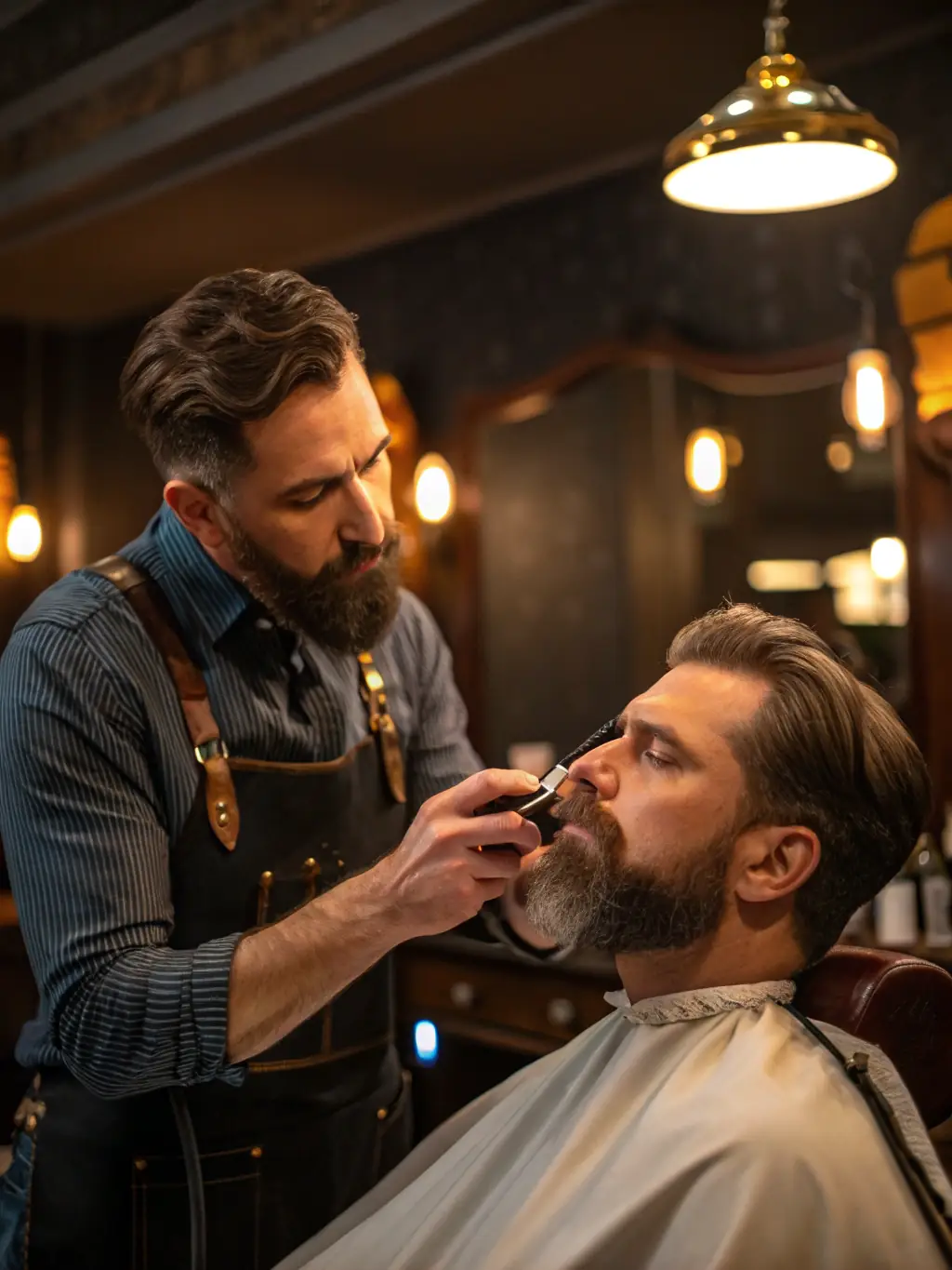 A barber giving a client a classic haircut with scissors and comb in a well-lit, modern barbershop. The client is relaxed and the barber is focused.