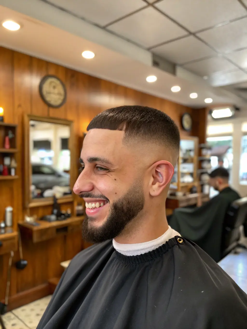 A client smiling confidently after receiving a stylish haircut and beard trim at Tha Don Barbershop, showcasing customer satisfaction.